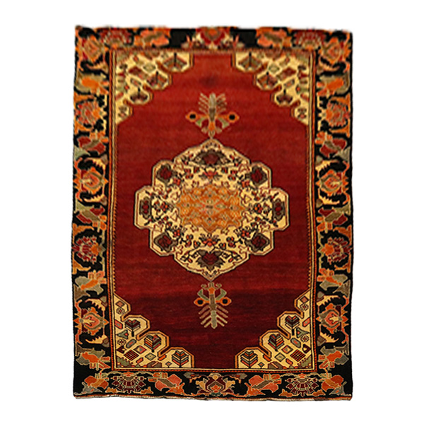 فرش دستباف صادراتی قشقایی 247×146 سانتیمتر؛ طرح ترنج با زمینه لاکی و حاشیه گلدارجدید