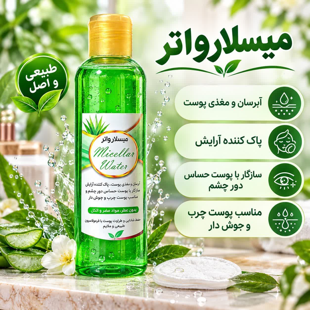 میسلارواتر ، آبرسان و مغذی پوست، پاک کننده آرایش حتی مواد آرایشی ضد آب، سازگار با پوست حساس دور چشم، پوست چرب و جوش دار