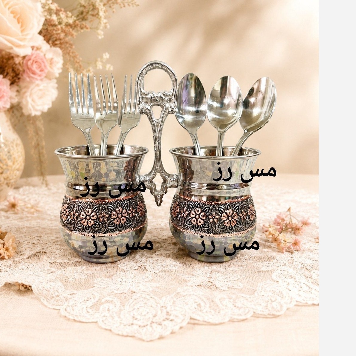 جا قاشقی دوقلو مسی روکش کروم گل برجسته روی گل ها تراش شده