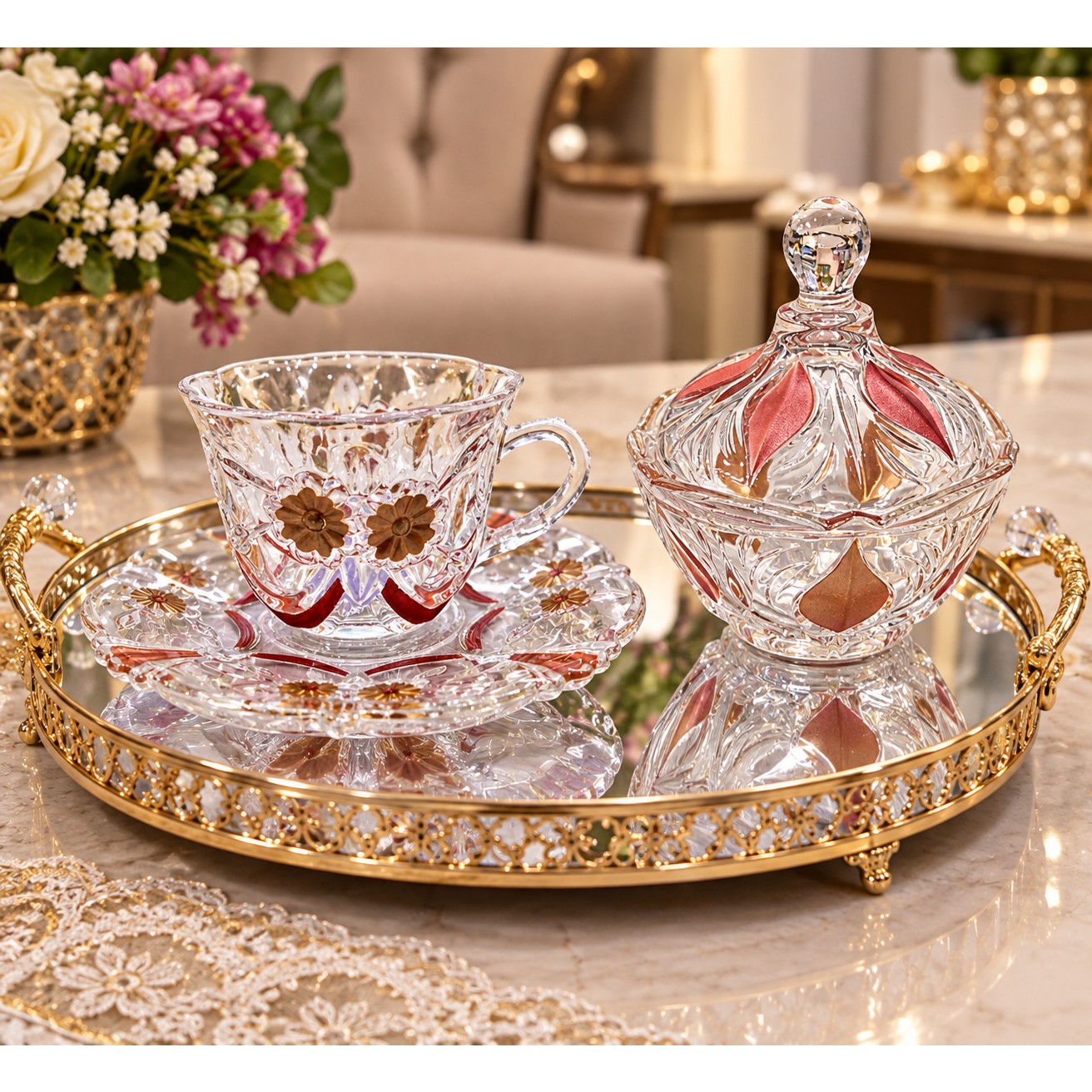 سرویس 14 پارچه چای خوری کریستال رنگی خارجی فنجان نعلبکی رنگی قندان رنگی ژاپن 
