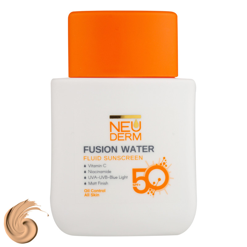 فلوئید ضد آفتاب رنگی نئودرم SPF 50 مدل Fusion Water حاوی محافظ UVA و UVB مناسب برای پوست چرب حجم 50 میلیلیتر حاوی ویت...