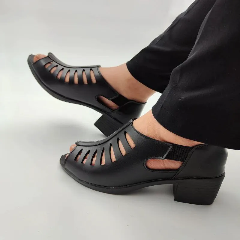 صندل طبی زنانه چرم پاشنه دار مدل حصیری پاشنه 5 سانتیجدید
