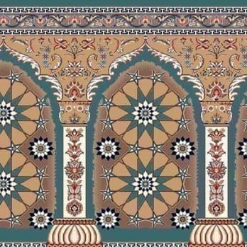 سجاده فرش مسجدی طرح محرابی هندسی با نقوش ستارهای و گلهای متقارن، سبک سنتی ایرانی با حاشیه اسلیمی و تزئینات اصیل معماری