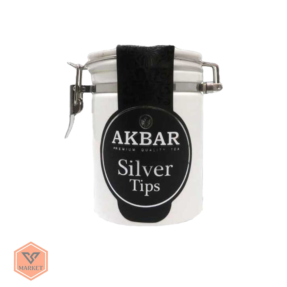 چای لوکس اکبر مدل سیلور تیپس (Akbar Silver Tips) – چای سفید سوزنی دستچین سیلان در ظرف سرامیکی وکیوم 50 گرمی