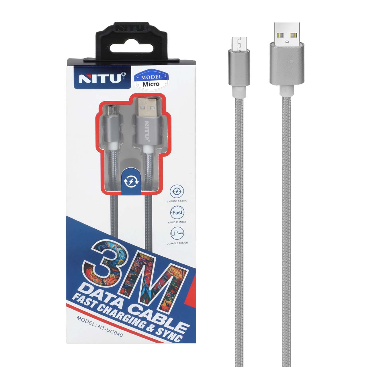 کابل شارژ 3 متری فست اندروید NITU مدل UC040 - نقره ای (گارانتی 18 ماه تعویض نیکان همراه)