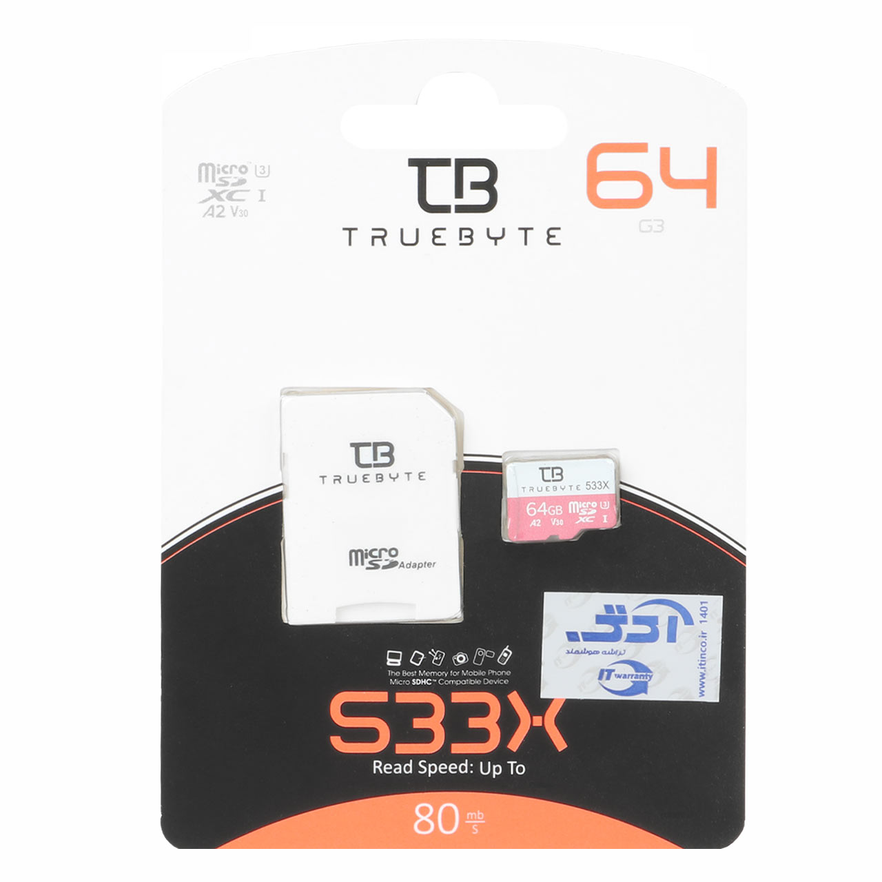 TRUEBYTE microSDXC &amp; adapter A2 V30 U3-(80MB/S-533X)-64GB (گارانتی مادام العمر شرکت آی تین)