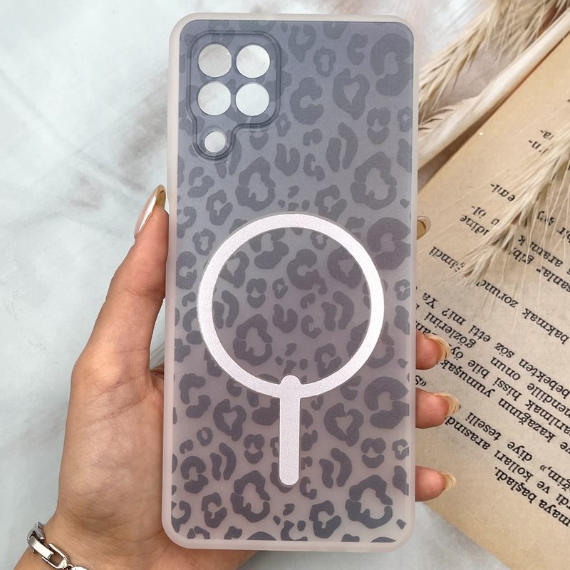 قاب گوشی Galaxy A22 4G / Galaxy M32 4G سامسونگ Pastel Leopard سیلیکونی پلنگی طرح مگ سیف Magsafe محافظ لنز دار خاکستری کد