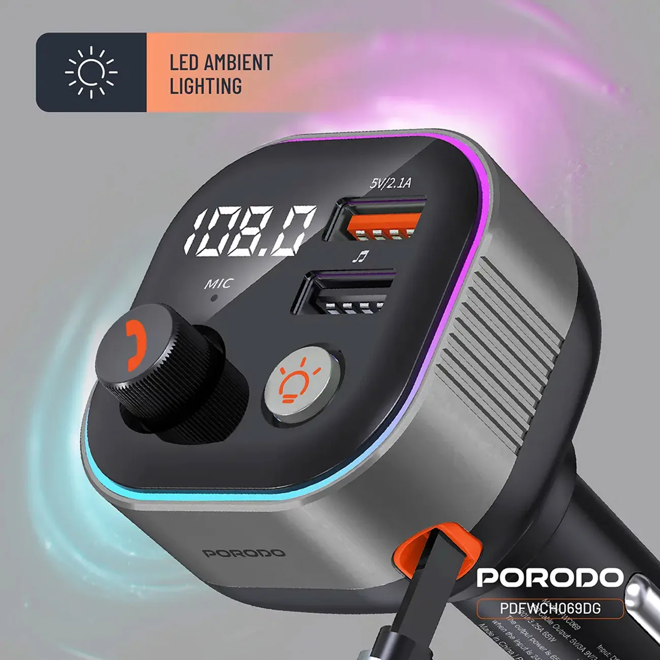 شارژر فندکی و فرستنده FM پورودو Porodo مدل PDFWCH069DG توان 65 واتجدید