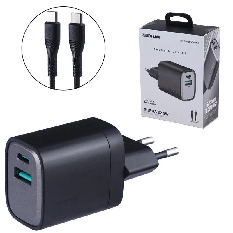 شارژر دیواری 22.5 وات گرین لاین Supra GL-WC34 GNG225EUTC GaN QC3.0 PD 3A + کابل تبدیل تایپ سیجدید