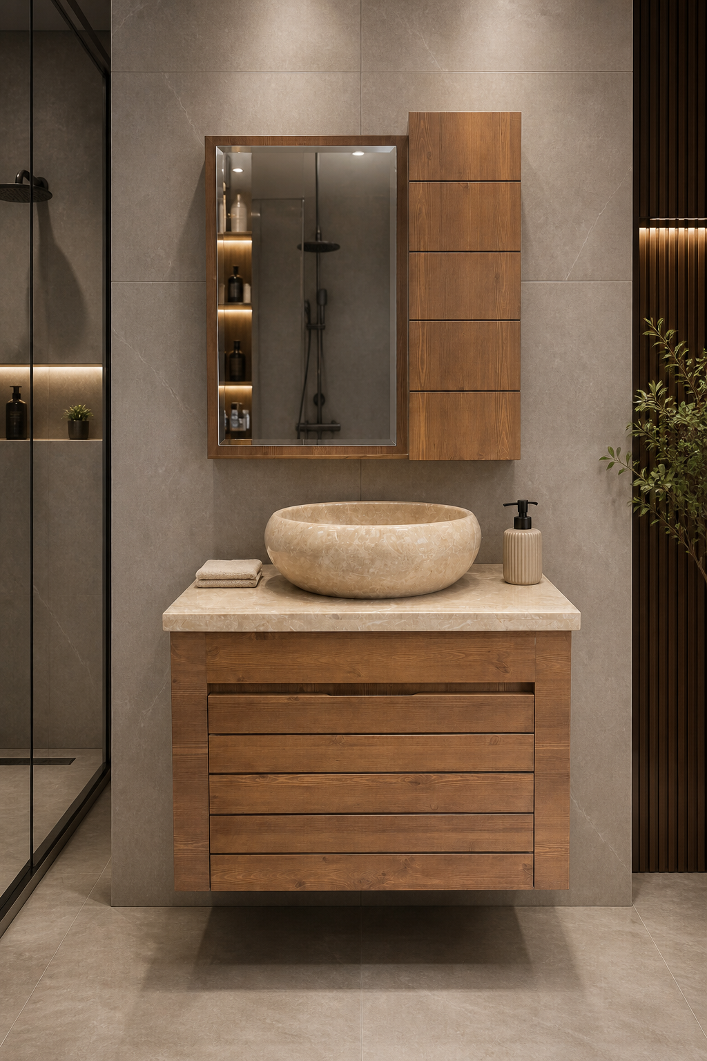 ست روشویی کابینتی طرح چوب با آینه باکس و سنگ طبیعی