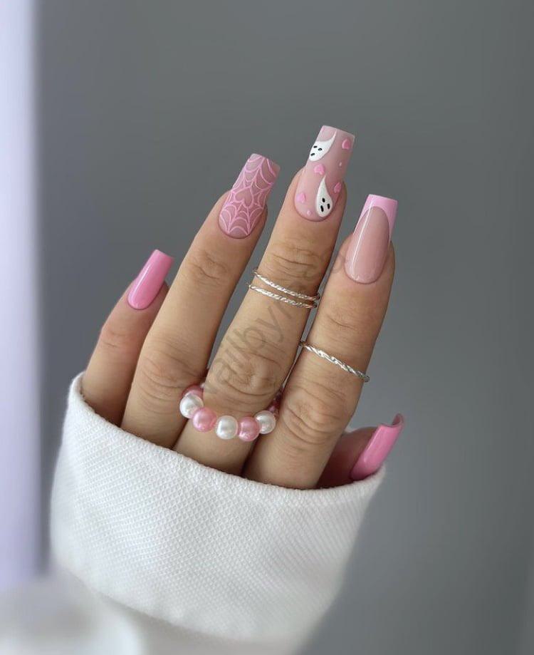 ناخن مصنوعی طرح روح و تار عنکبوت هالووین صورتی (Pinkoween) مربعی بلند راسا – RSN0031