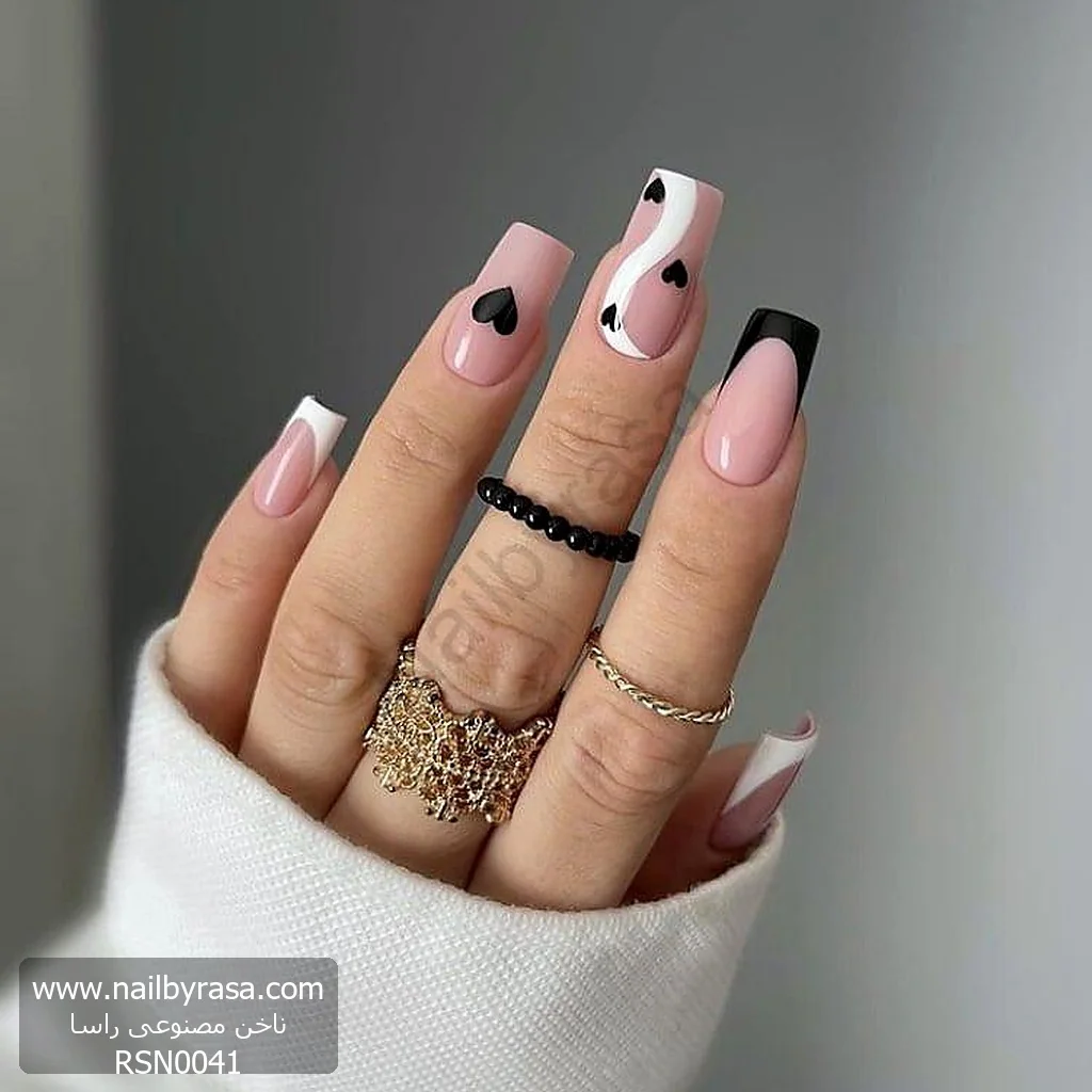 ناخن مصنوعی طرح قلب مشکی و سفید موجدار فرنچ مدرن مربعی بلند راسا – RSN0041