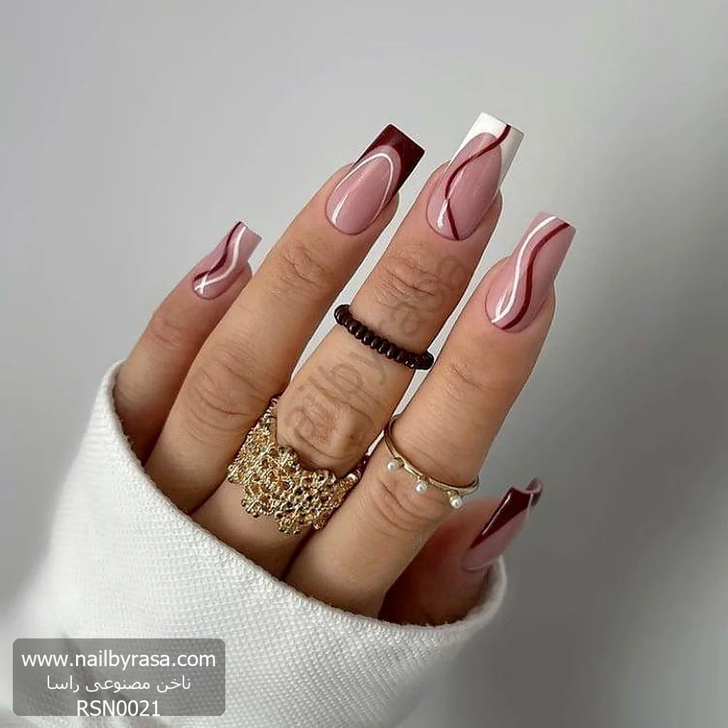 ناخن مصنوعی طرح موجدار (Swirl) زرشکی و سفید براق مربعی بلند راسا – RSN0021
