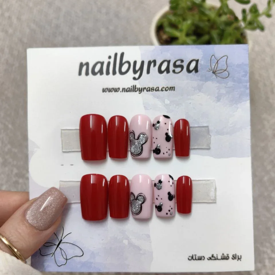 ناخن مصنوعی طرح کارتونی میکی موس اکلیلی نقره ای و قرمز براق مربعی کوتاه راسا – RSN0504
