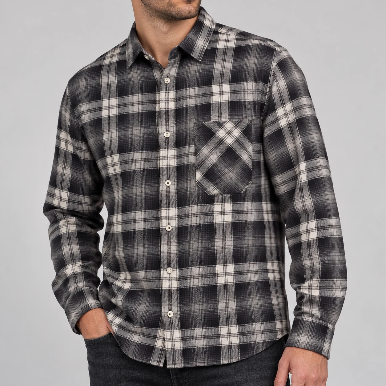 پیراهن پشمی مردانه چهارخانه طوسی مشکی وارداتی برند اچ اند ام H&M - کد08