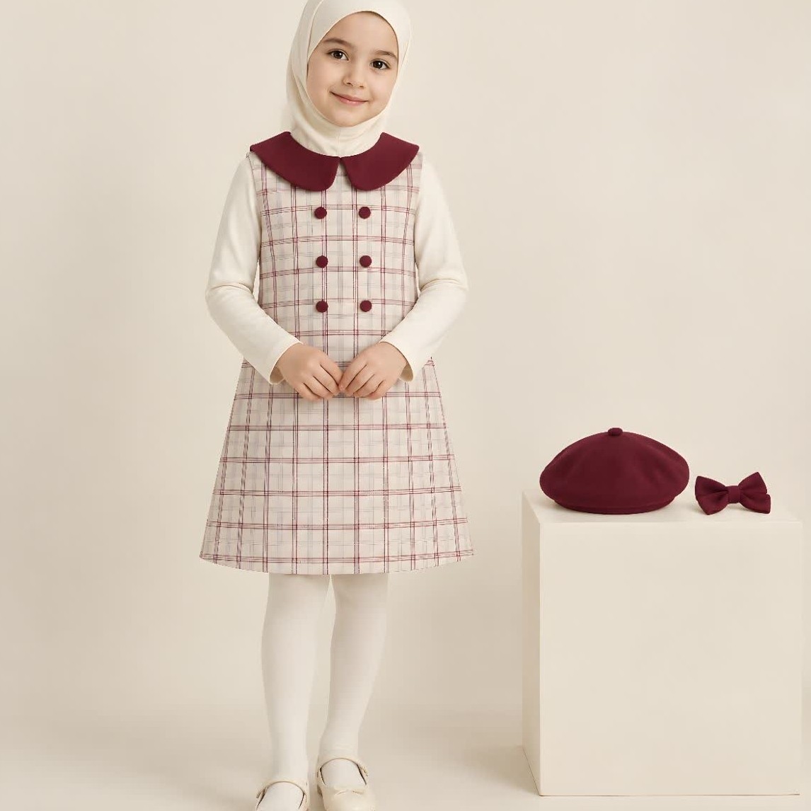 سارافون دخترانه پاییزه چهارخونه با کلاه فرانسوی سایز 45