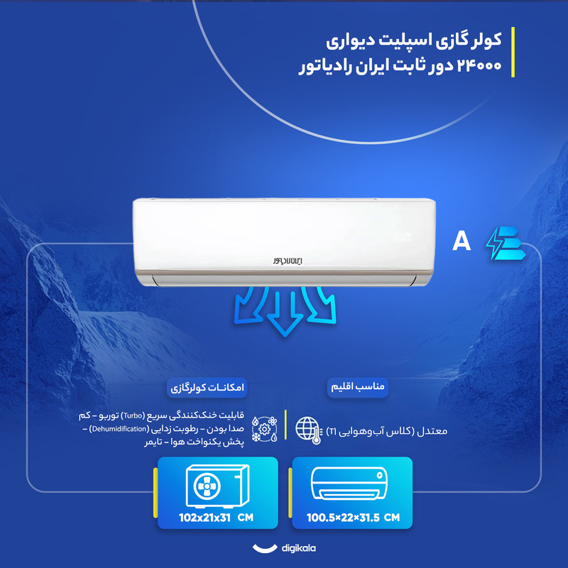 کولر گازی اسپلیت دیواری 24000 دور ثابت ایران رادیاتور مدل IAC-24CHLFAXAAجدید
