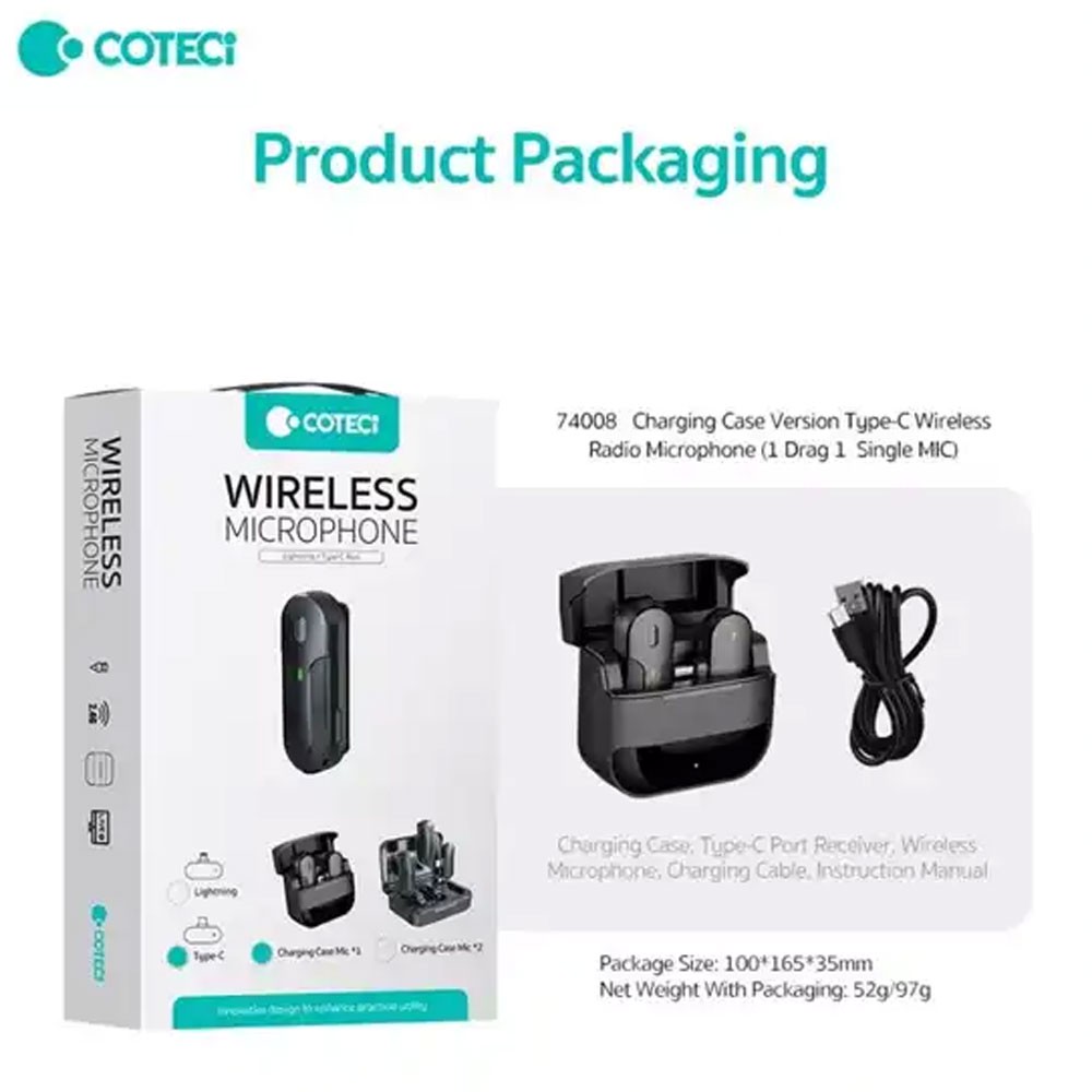 ویژه میکروفون یقه ای با رابط تایپ سی کوتسی Coteci 74008 Wireless Microphone اصلجدید