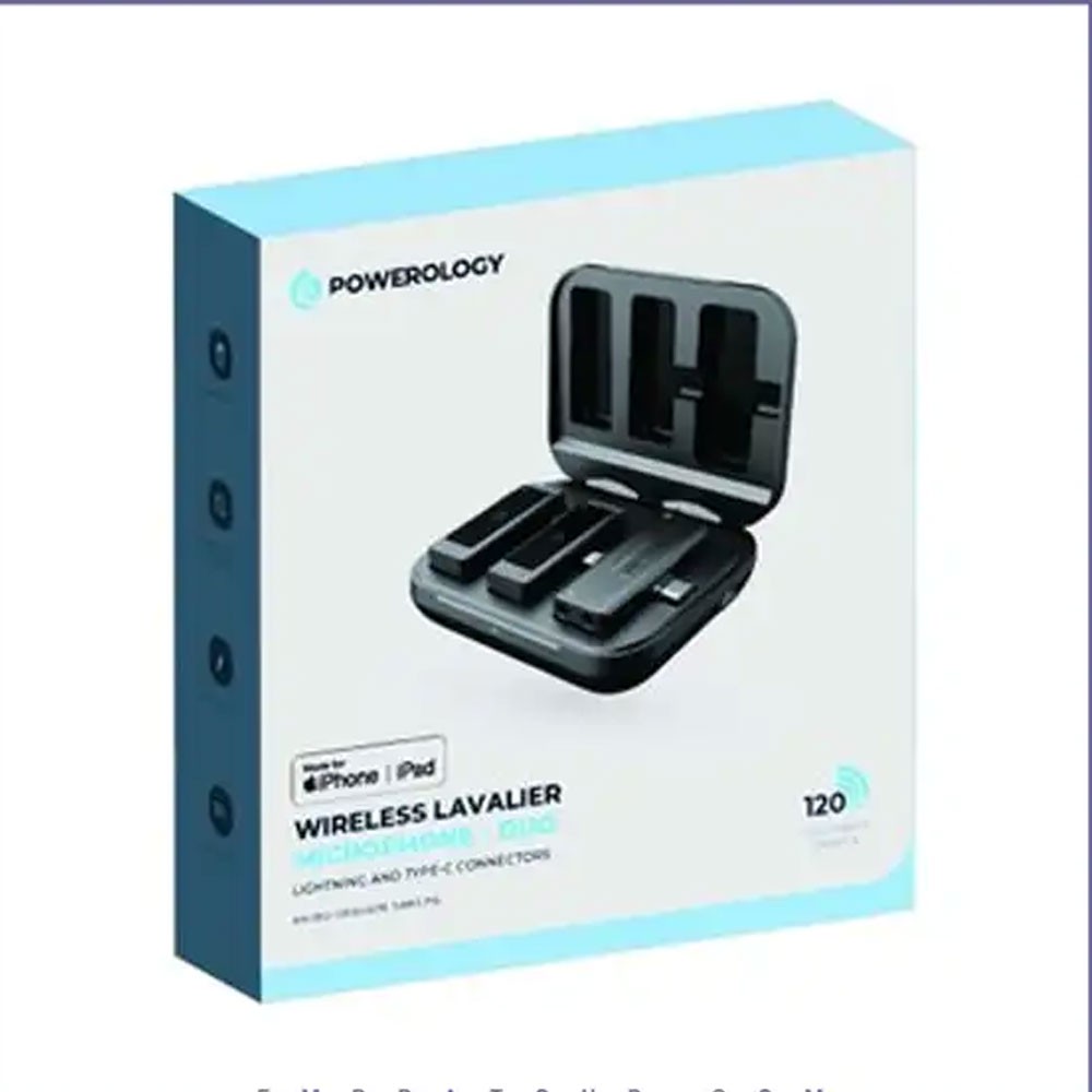 ویژه میکروفون بلاگری دوگانه پاورولوژی Powerology Dual Connector Wireless Lavalier Microphone PWMIC2BK اصلجدید