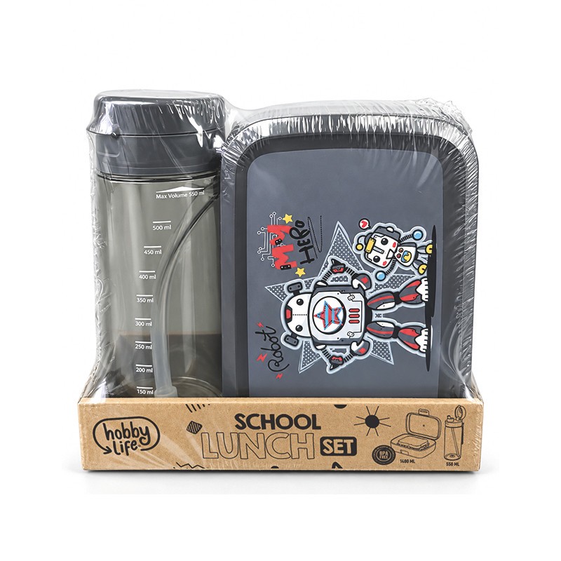 ظرف غذا کودک هوبی لایف مدل SCHOOL طرح Robot My Hero کد 061193 به همراه قمقمهجدید