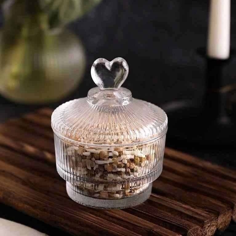 قندان شیشه ای درب قلبی راه راه شفاف تیامجدید