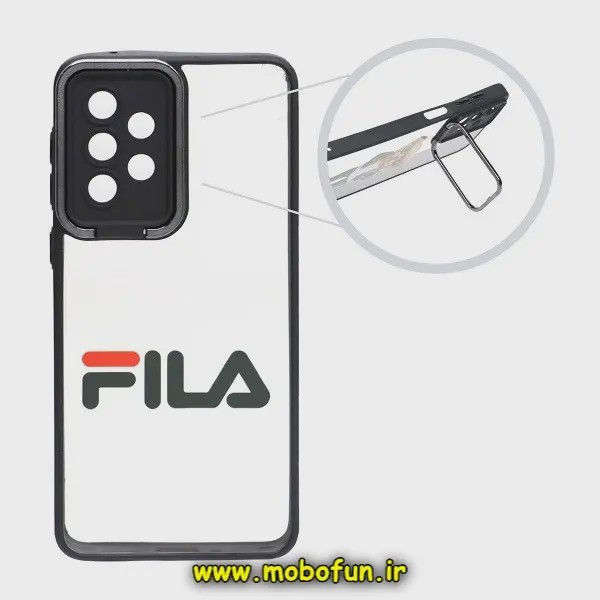 قاب گوشی Galaxy A53 5G سامسونگ متال کیس Metal طرح دار فانتزی فیلا FILA پشت طلق شفاف شیشه ای محافظ لنزدار استنددار مشک...