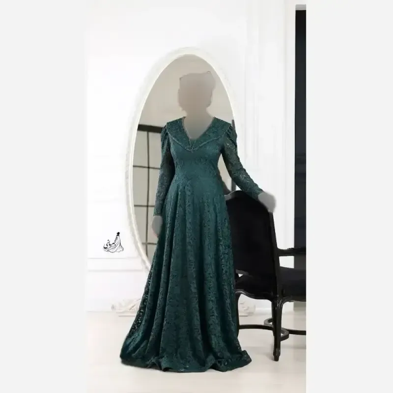 پیراهن مجلسی زنانه دانتل سنگدوزی شده کاپدار سایز بزرگ مشکی سبزجدید