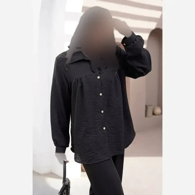 شومیز مانتویی جلو پیله شانتون صوفیا ژاکارد مشکی فری سایزجدید