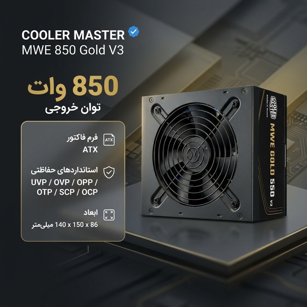 منبع تغذیه کامپیوتر 850 وات کولر مستر مدل MWE 850 Gold V3 ATX 3.1 Non-Modular