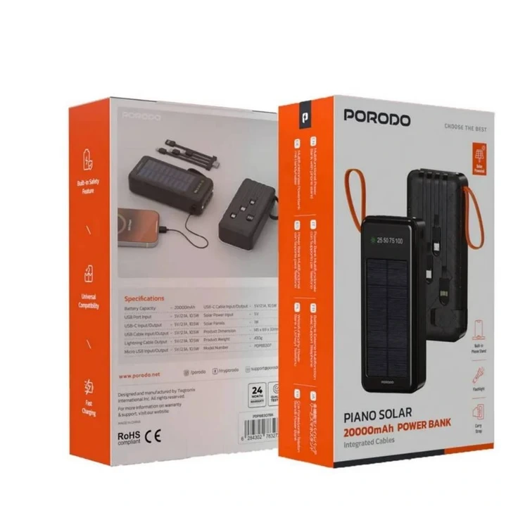 پاوربانک 10.5 وات پرودو مدل PIANO SOLAR ظرفیت 20000 به همراه 4 کابلجدید