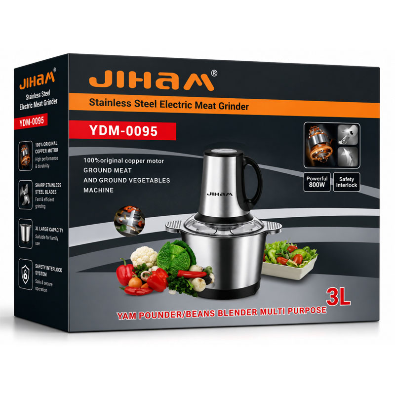 خردکن و چرخ گوشت برقی 3 لیتری برند جیهام اصل JIHAM YDM-0095 | موتور 800 وات کاسه استیل + (گارانتی طلایی)جدید