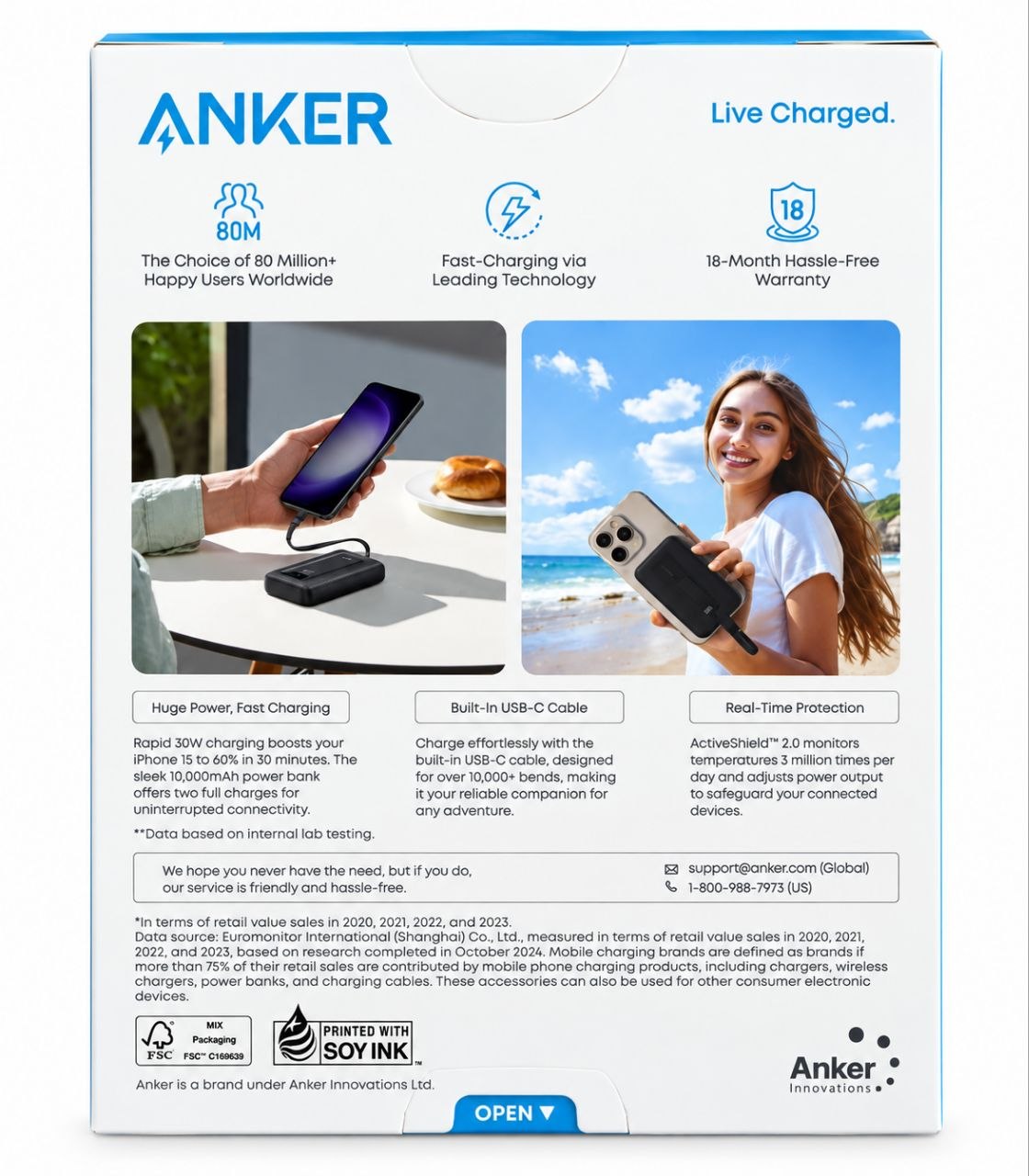 پاوربانک انکر Zolo مدل A1688 ظرفیت 10000 میلی آمپرساعت توان 30 وات با کابل USB-C داخلیجدید
