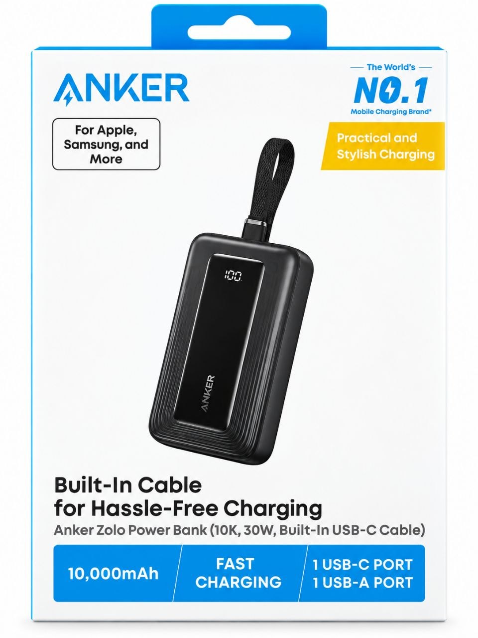پاوربانک انکر Zolo مدل A1688 ظرفیت 10000 میلی آمپرساعت توان 30 وات با کابل USB-C داخلیجدید