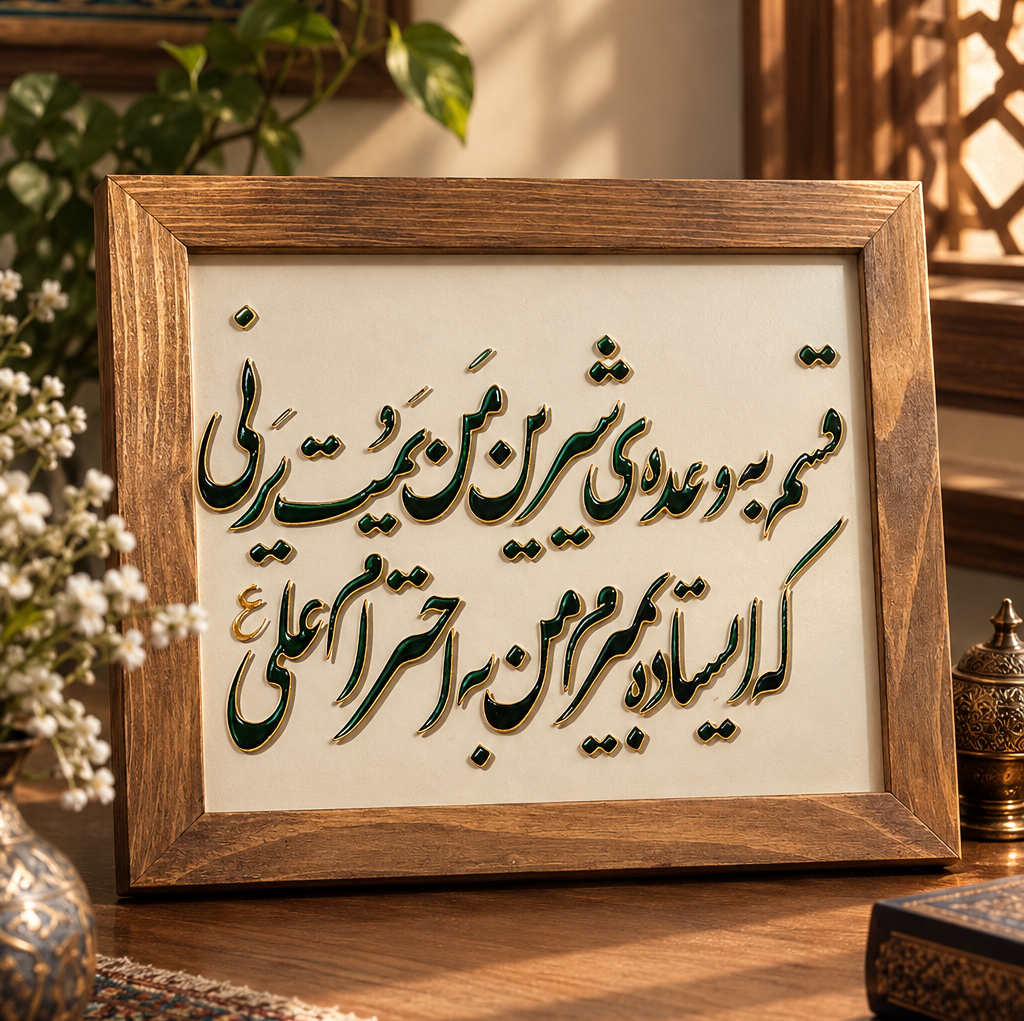تابلو خوشنویسی ویترای قسم به وعده ی شیرین من یمت یرنی که ایستاده بمیرم من به احترام علی جدید