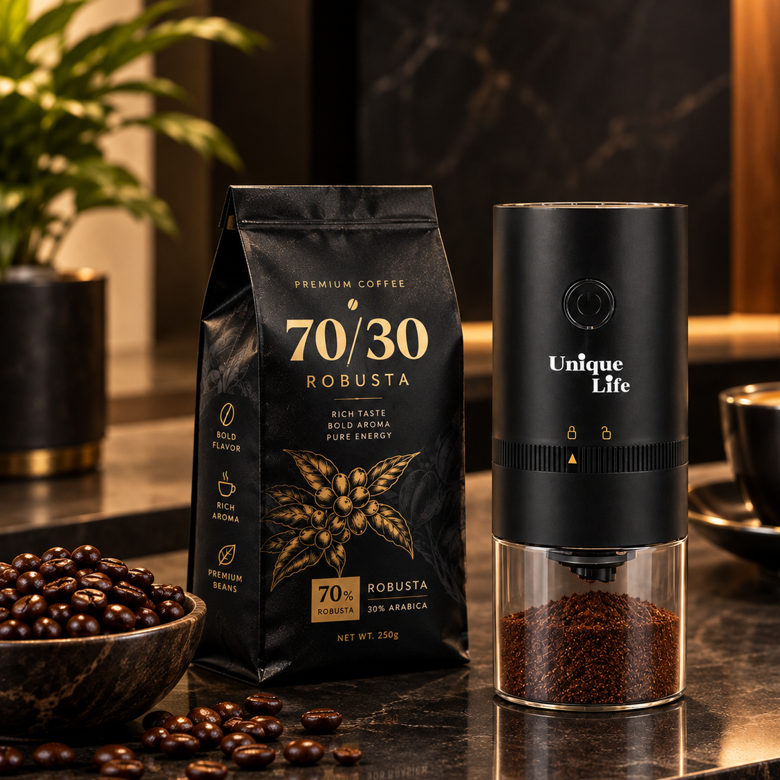 آسیاب قهوه شارژی یونیک لایف مدل UL-9852 به همراه 200 گرم دان قهوه 70/30 (+50 گرم رایگان)جدید