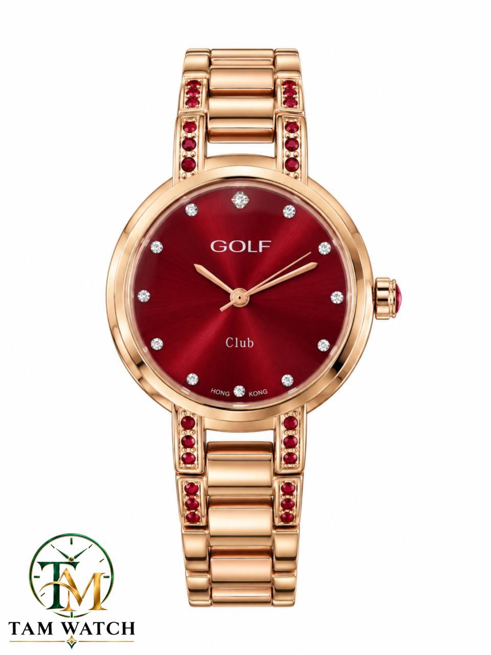 ساعت زنانه کلاسیک رز گلد صفحه قرمز برند گلف (GOLF)