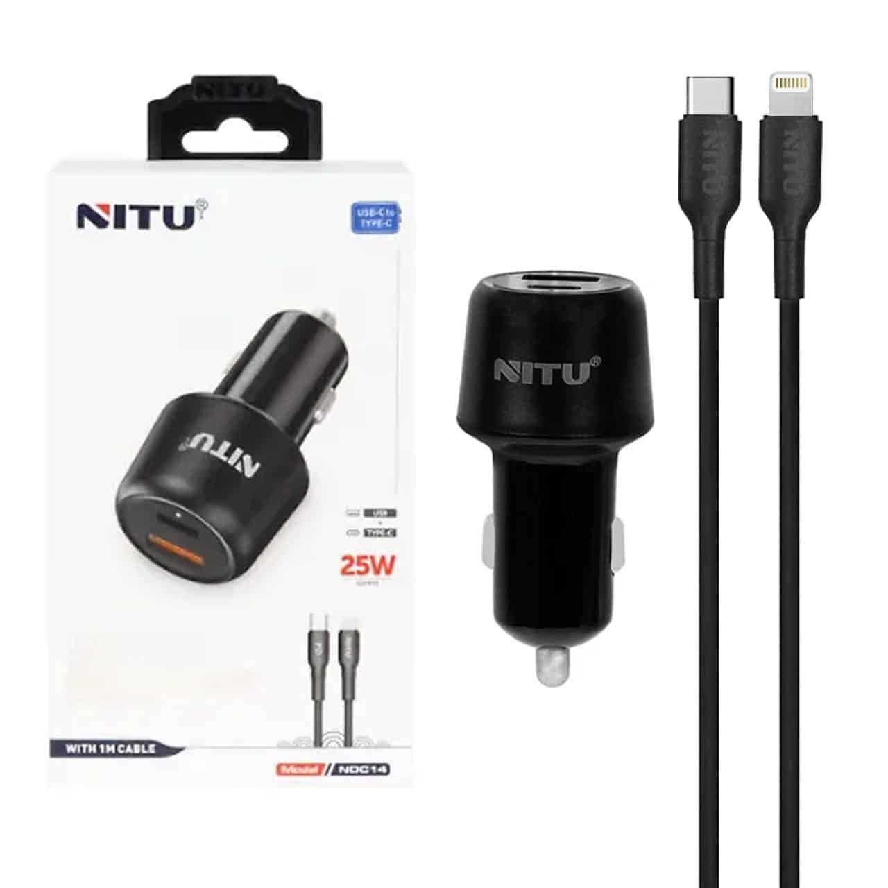 شارژر فندکی فست و PD دو پورت Nitu مدل NDC14 25W همراه با کابل Type-C To Lightning - مشکی
