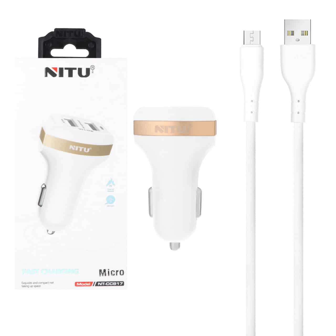 شارژر فندکی فست دو پورت Nitu مدل CC817 12W به همراه کابل شارژ اندروید - سفید