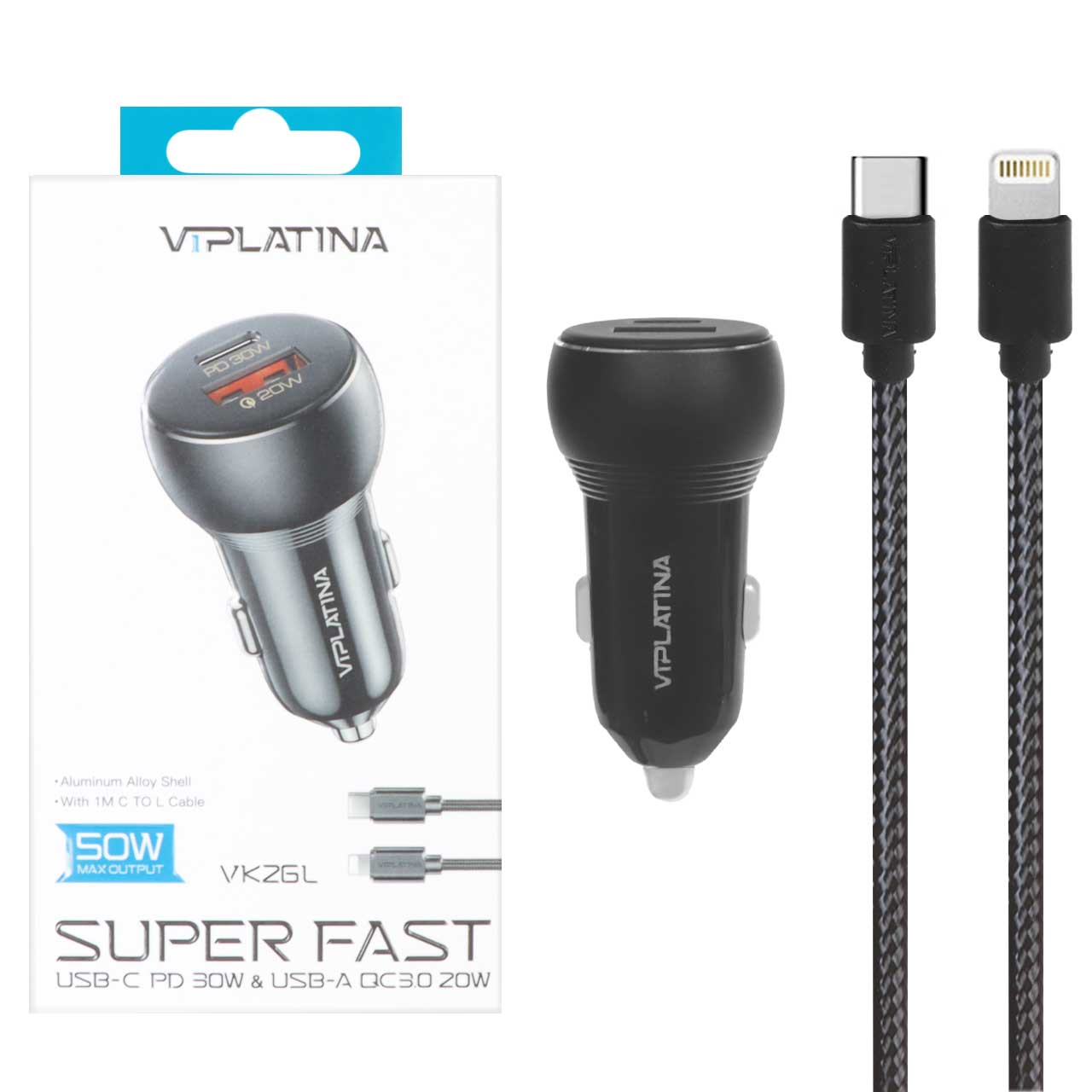 شارژر فندکی PD و فست دو پورت VIPLATINA مدل VK26L 50W به همراه کابل شارژ Type-C To Lightning - مشکیجدید