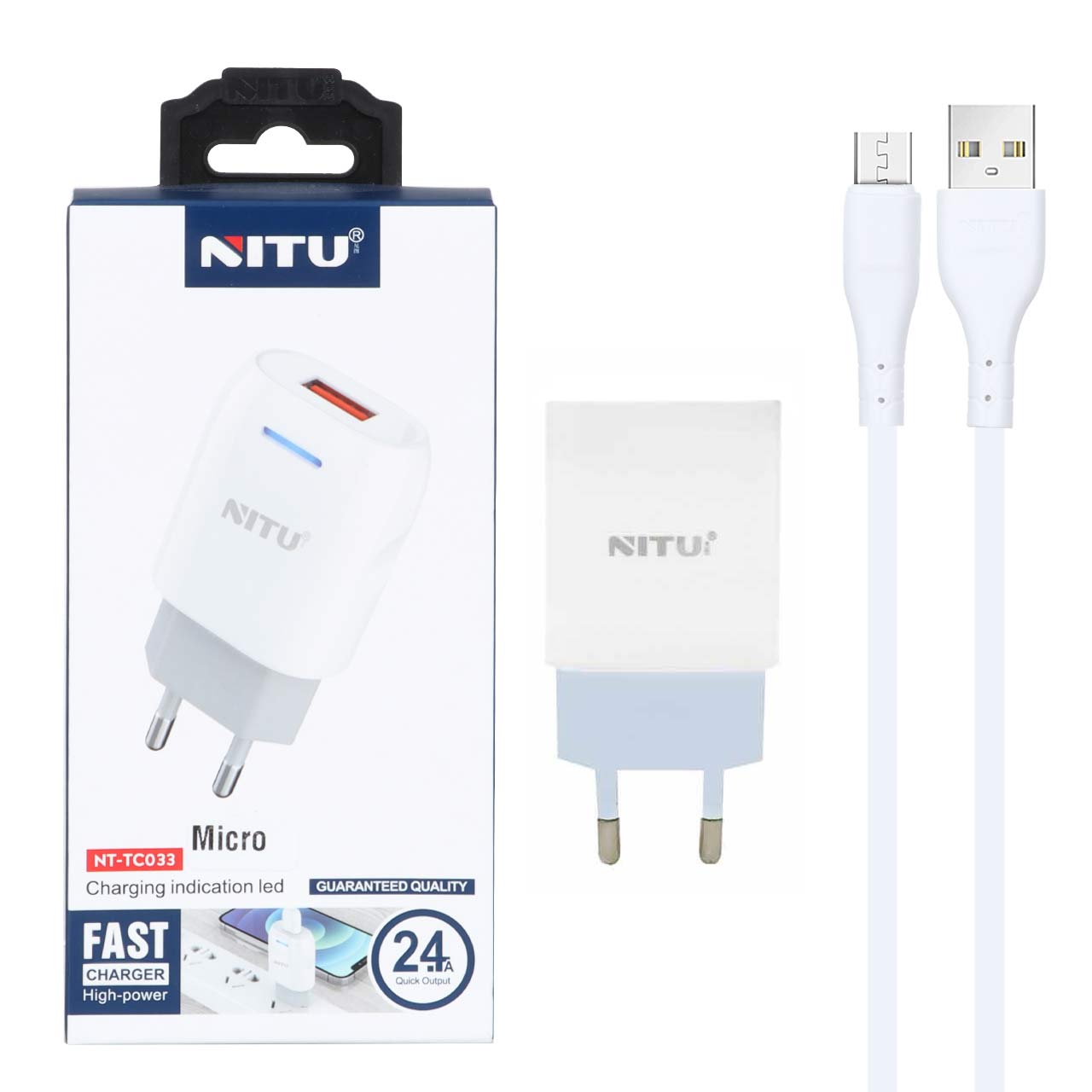 شارژر دیواری فست تک پورت Nitu مدل NT-TC033 به همراه کابل شارژ اندروید - سفید
