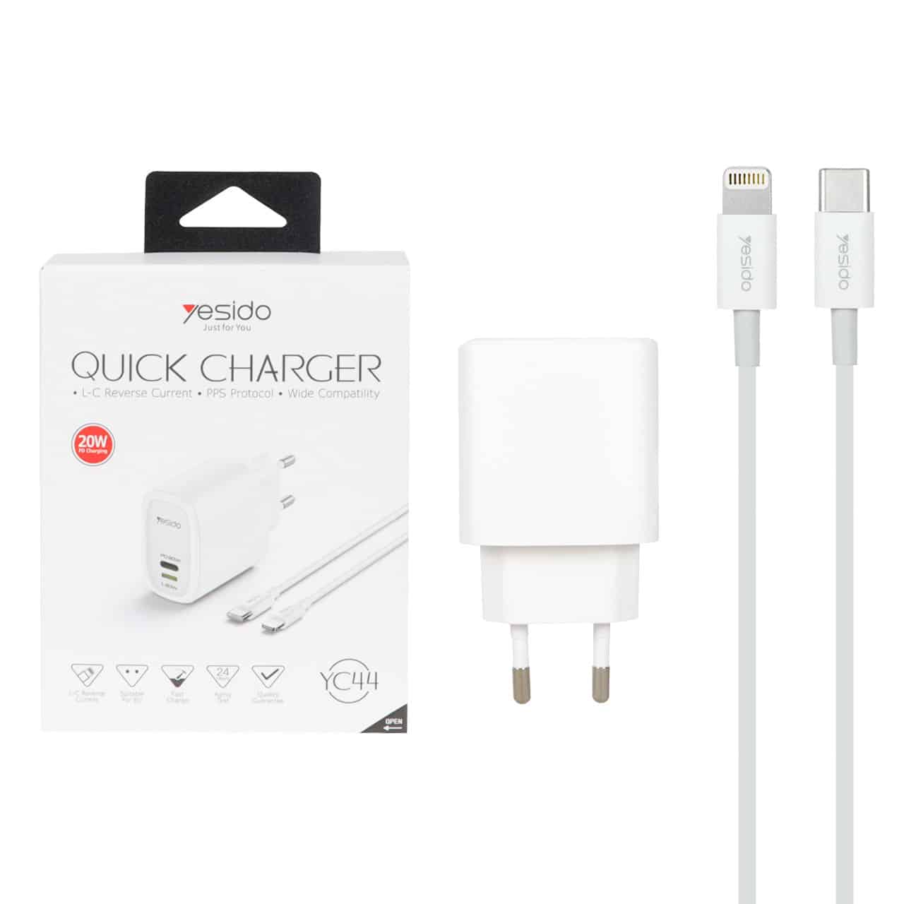 شارژر دیواری فست و PD دو پورت Yesido مدل YC44 20W به همراه کابل شارژ Type-C To Lightning - سفید