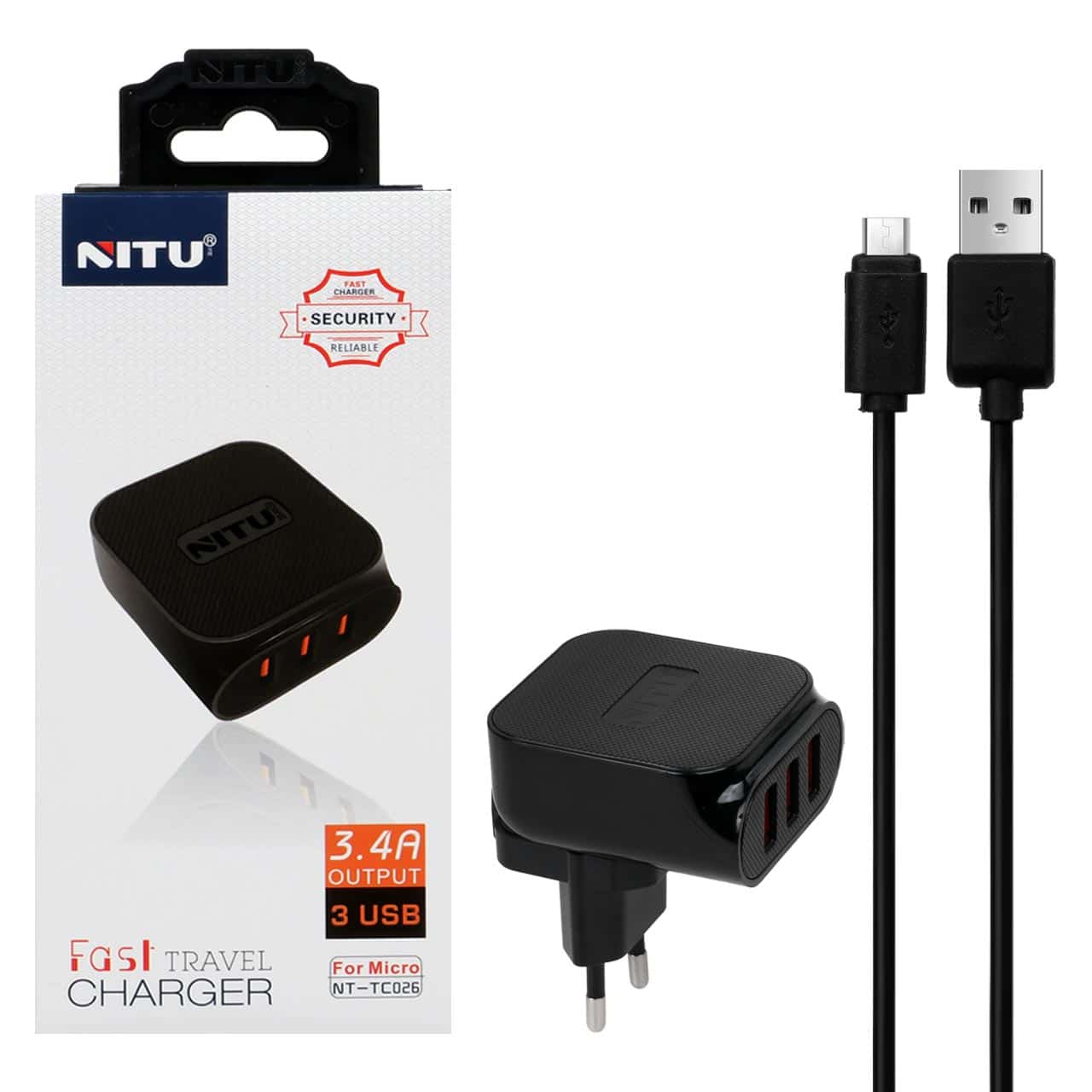 شارژر دیواری سه پورت NITU مدل TC026 به همراه کابل شارژ اندروید - مشکی