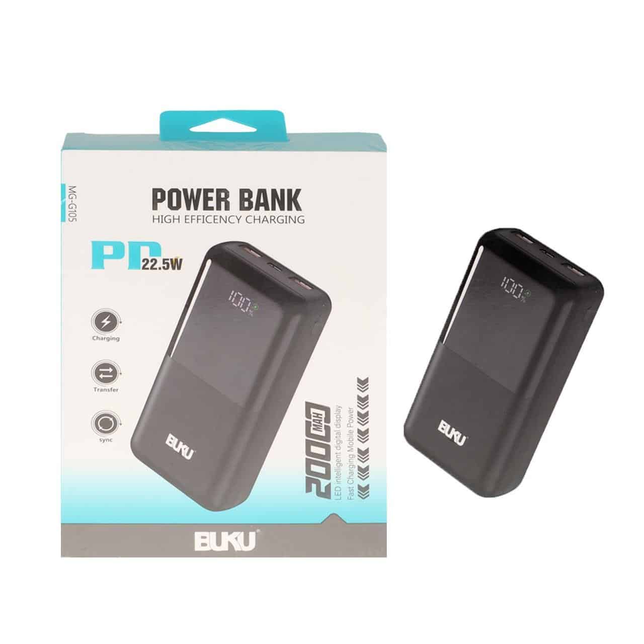 پاوربانک PD و فست شارژ BUKU 20000mAh مدل MG-G105 22.5W - مشکی - MMS (گارانتی شش ماهه YA)جدید
