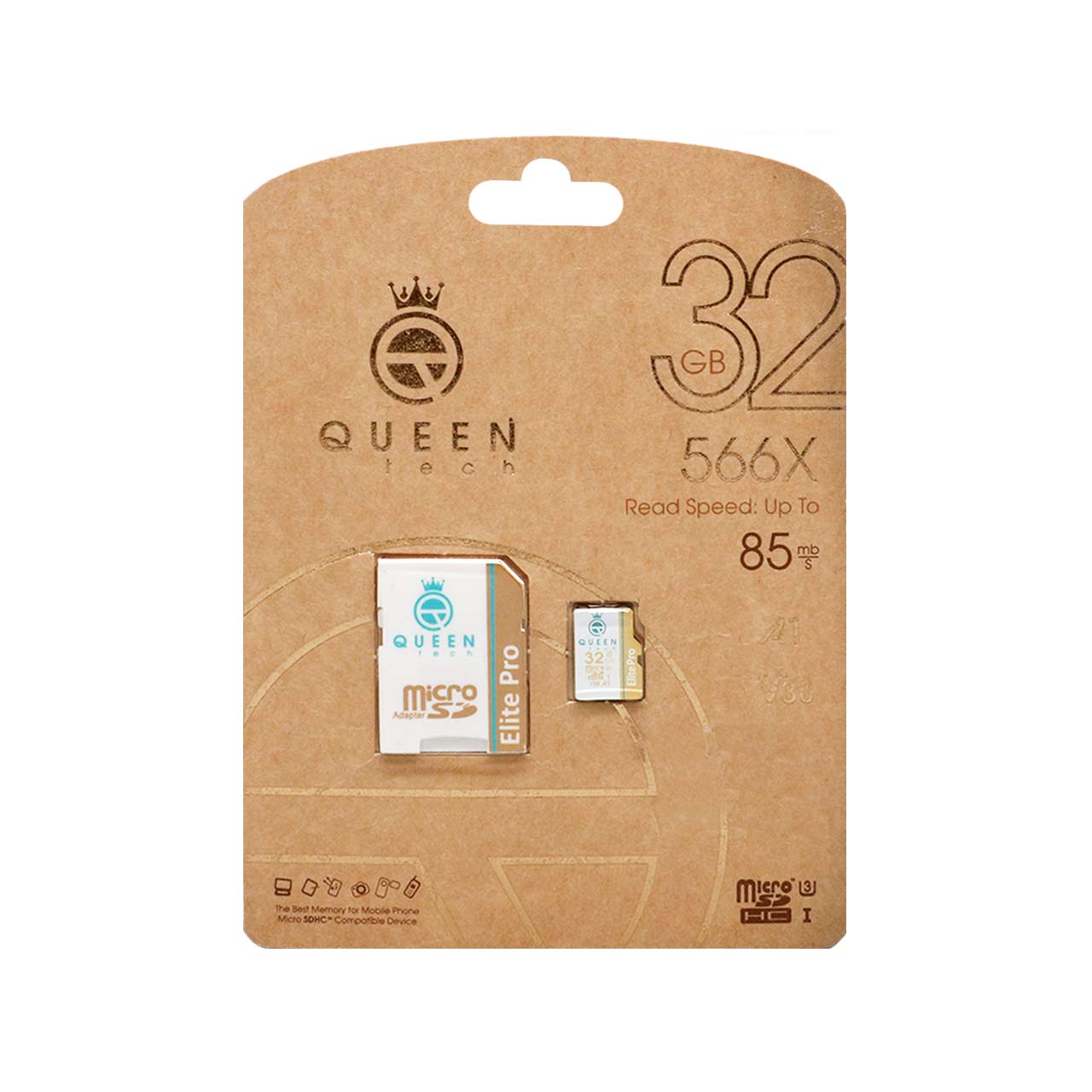 Queen tech microSDHC &amp; adapter U3 Class 10 566X -85MB/s-32GBسفید طلاییجدید