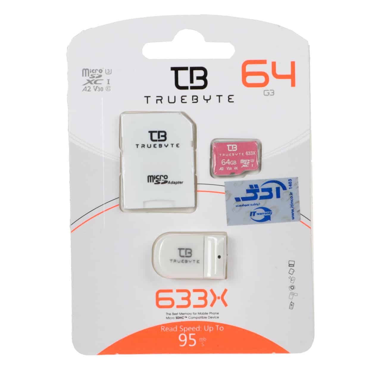 سفید (گارانتی مادامالعمر شرکت آی تین) TRUEBYTE microSDXC &amp; adapter U3 Class 10 633X -95MB/s - 64GB