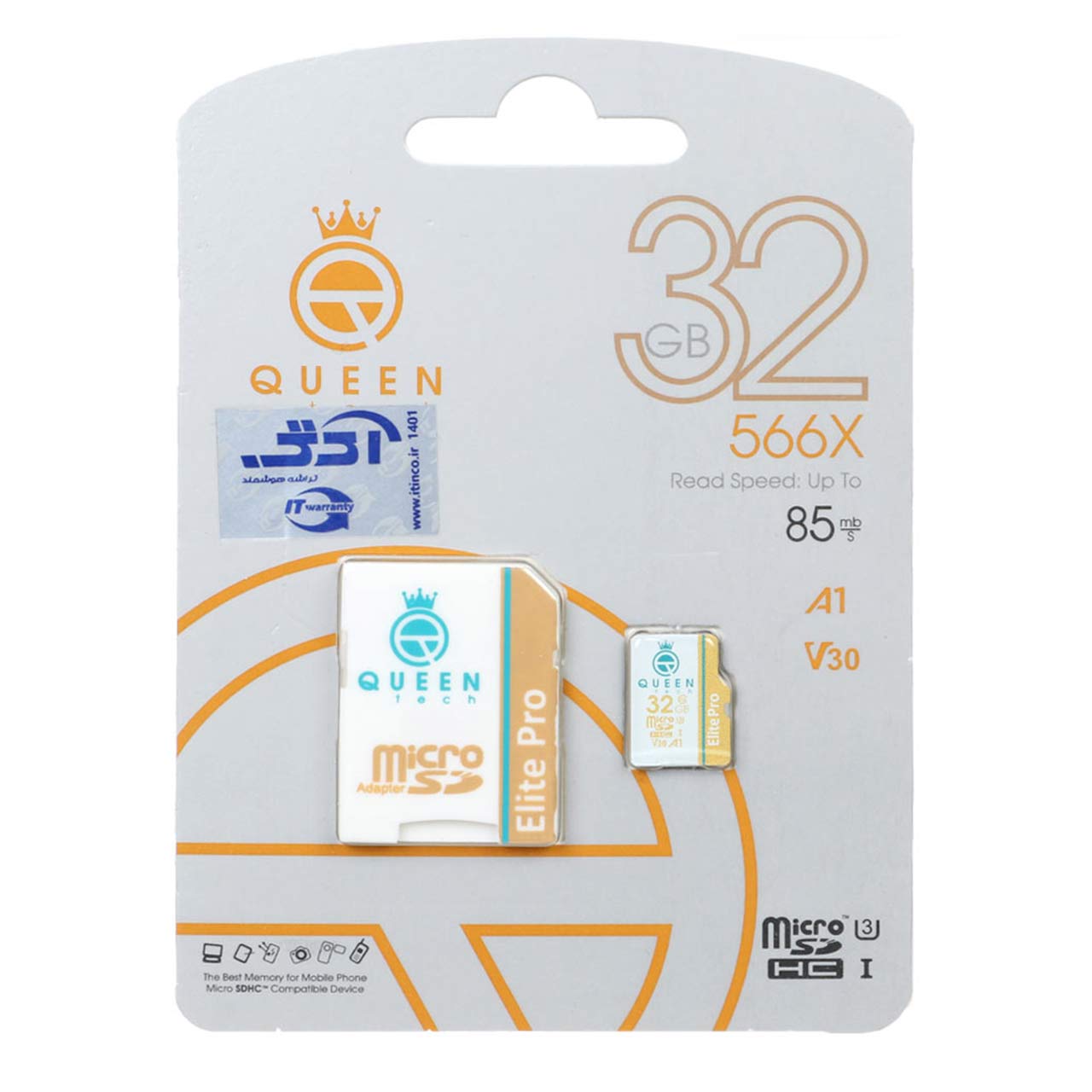 Queen tech microSDHC &amp; adapter U3 Class 10 566X -85MB/s-32GBسفید طلاییجدید