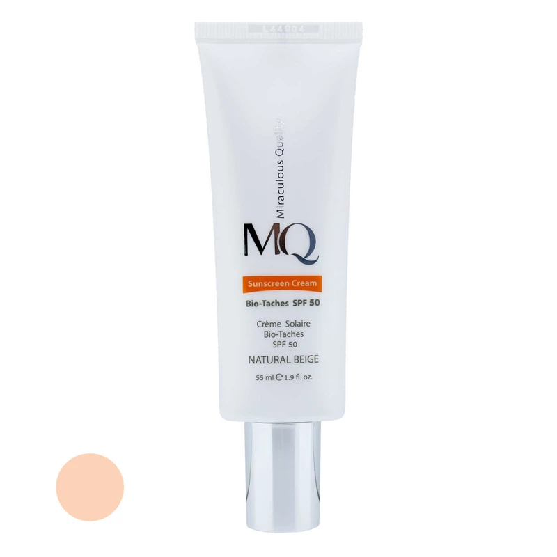 کرم ضد آفتاب ضد لک رنگی ام کیو SPF50 مدل نچرال بژ NATURAL BEIGE BIO TACHES مناسب انواع پوست حجم 55 میلی لیتر
