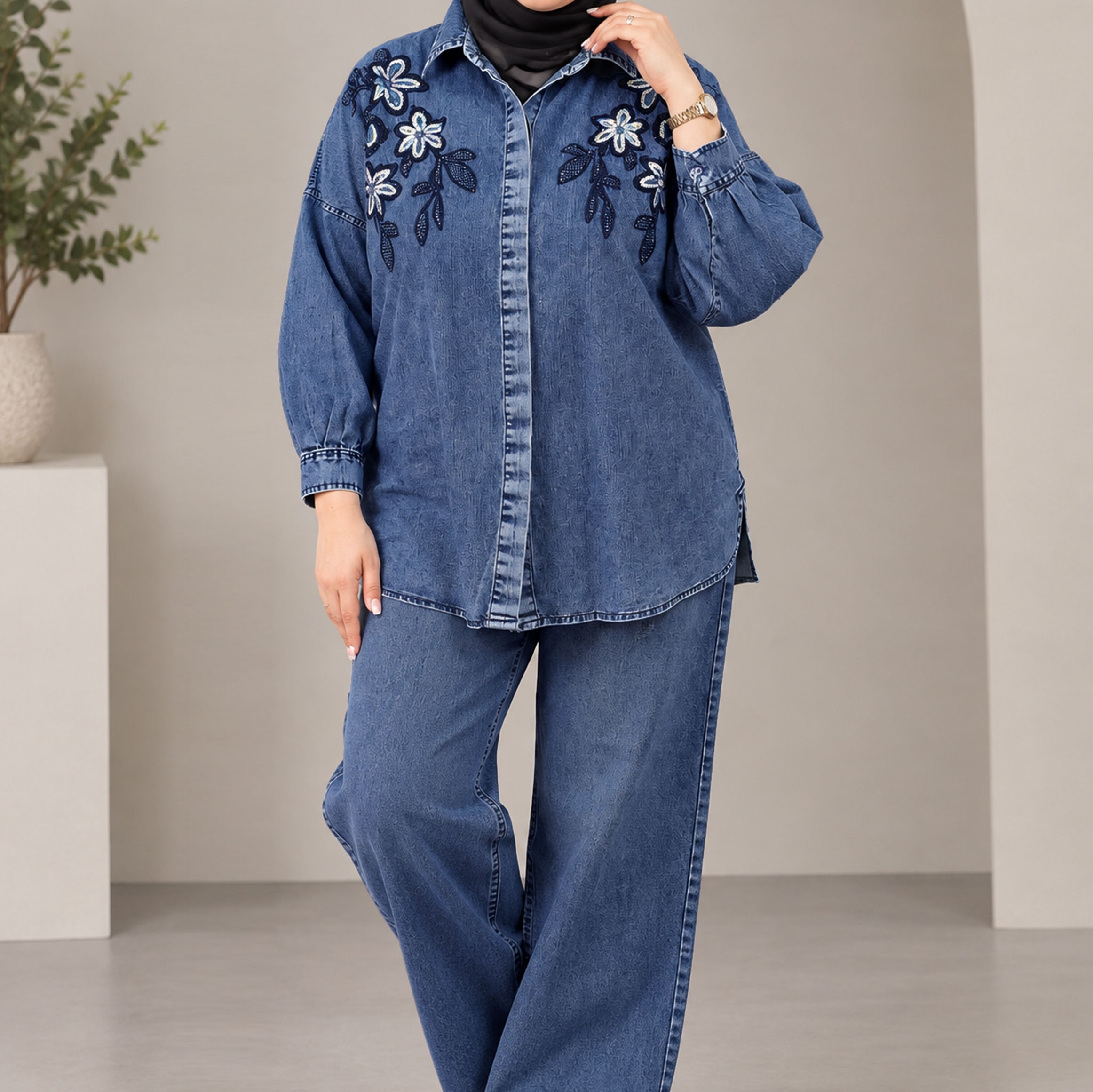 شومیز مانتویی جین گلدوزی سایز بزرگ