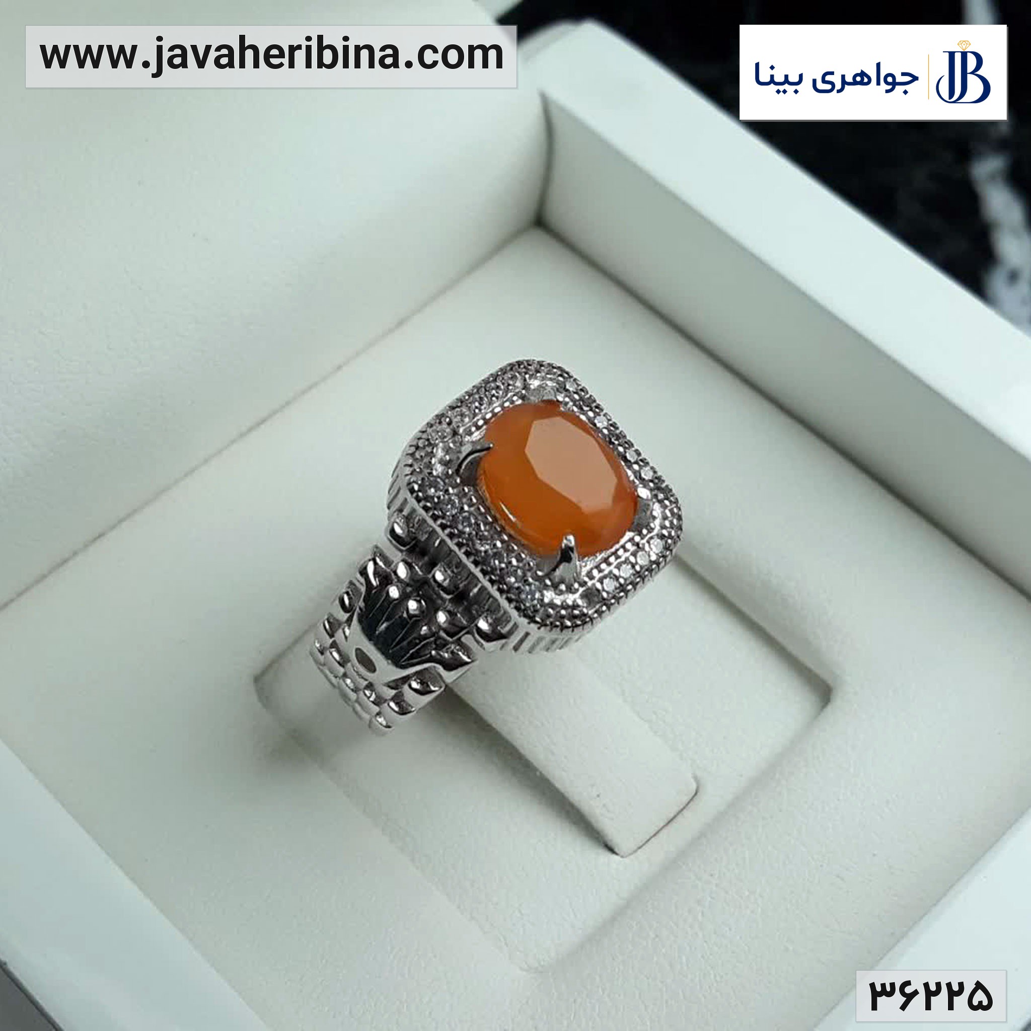 انگشتر عقیق یمنی پرتقالی نقره مردانه رولکسی با روکش رودیوم کد36225
