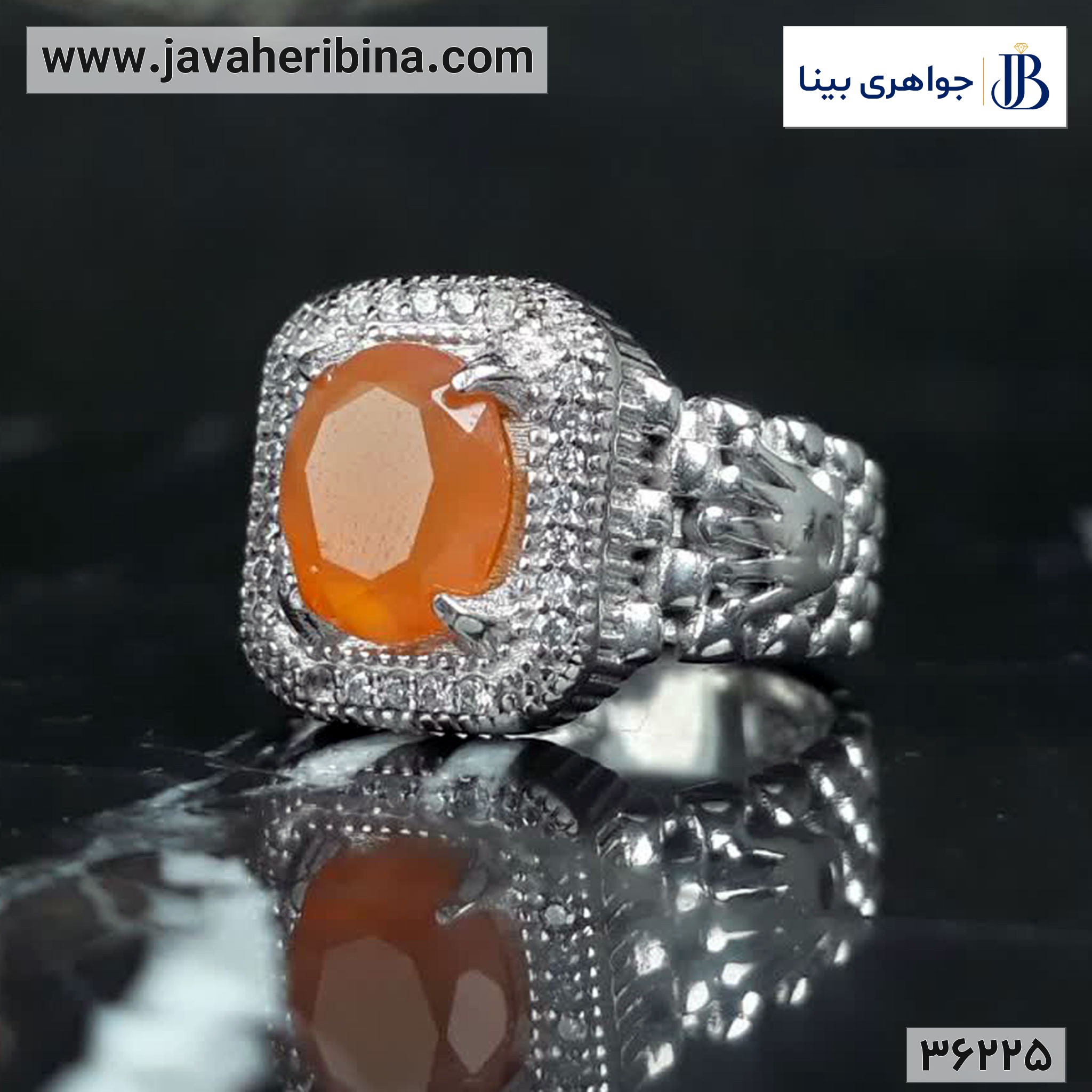 انگشتر عقیق یمنی پرتقالی نقره مردانه رولکسی با روکش رودیوم کد36225